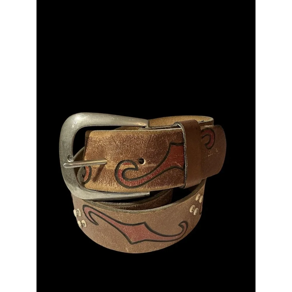 VINTAGE Boho Distressed hand tooled/painted leather belt Silver Tone Buckle
